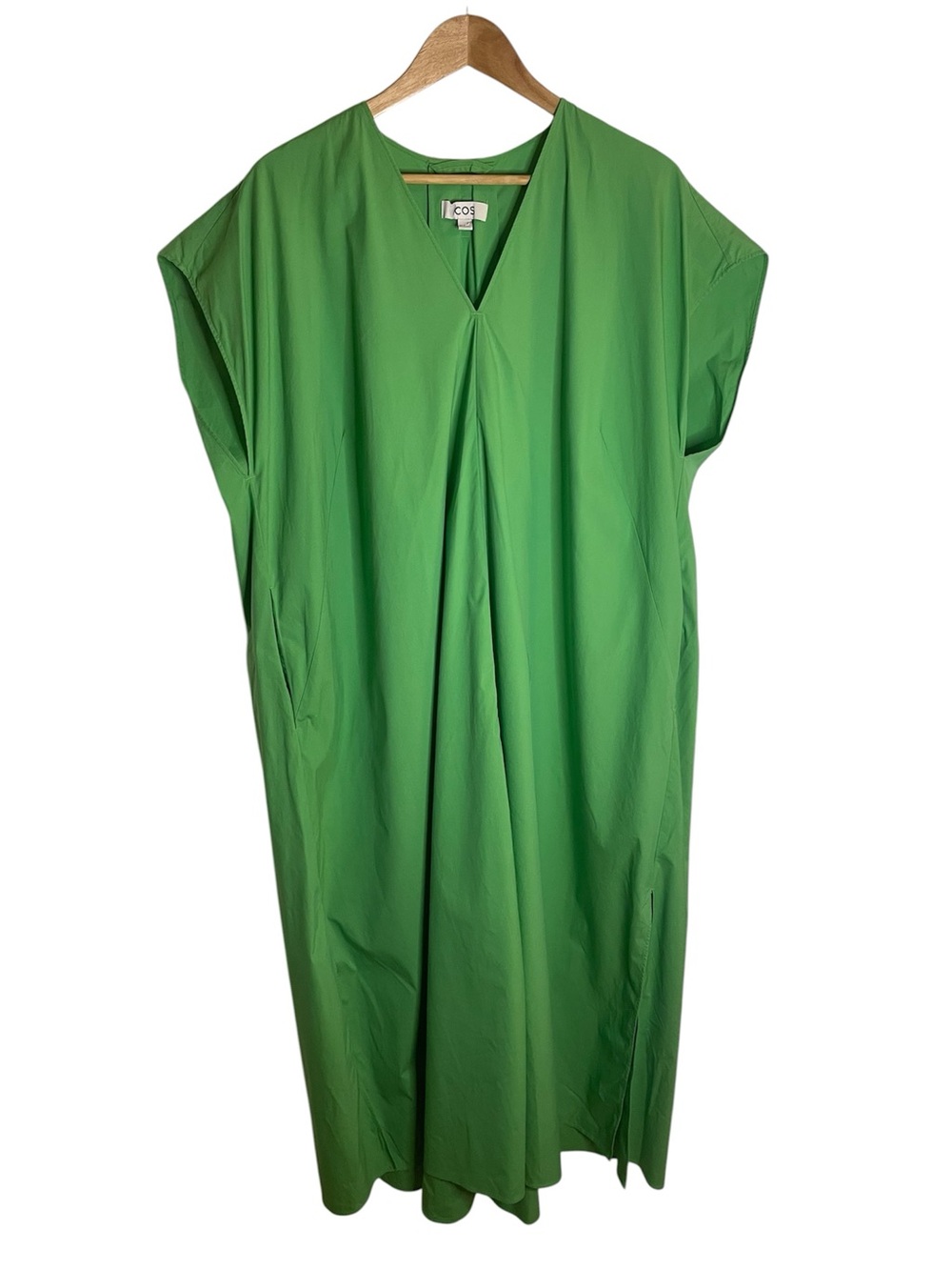 COS Vibrant Green Oversized Long Cotton V-Neck Dress Side Slits Size M
